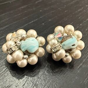 Vintage Japanese Faux Pearl and Blue Glass Bead Earrings with Clear Rhinestones,